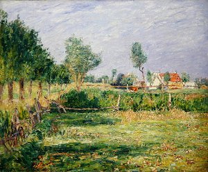 Hollande, paysage avec fermes derrière des jardins
