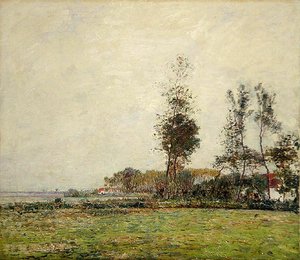 Paysage de Hollande avec arbres et maisons