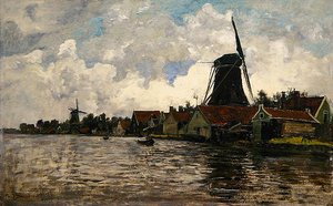 Paysage fluvial avec deux moulins à vent, Hollande