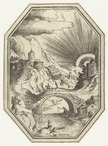 Paysage avec pont en pierre dans un cadre octogonal - Paul Bril