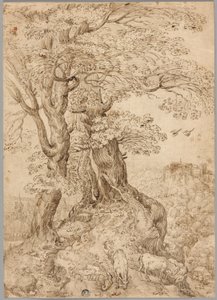Paysage boisé avec ânes et chèvres, et château sur colline au loin - Paul Bril