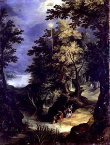 Paysage représentant le baptême du Christ et le sermon du baptême - Paul Brill or Bril