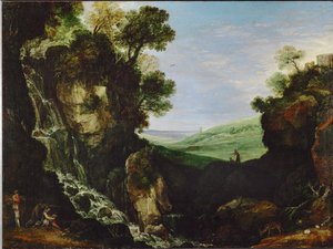 Paysage avec cascade et temple de Vesta à Tivoli - Paul Brill or Bril