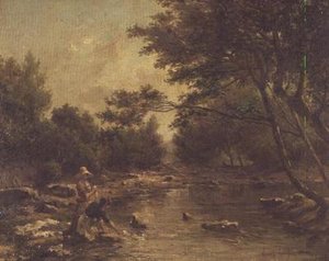 Paysage fluvial avec lavandières