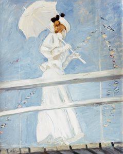 Jeune femme avec une ombrelle sur un quai