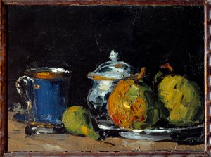 Bol à sucre, tasse bleue et poires
