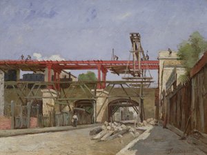 Travailleurs élevant les voies ferrées du périphérique sur le pont de la rue de la Voûte, Paris, 1888