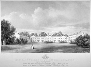 Vue des maisons de retraite des marchands tailleurs sur Lee High Road, Lewisham, Londres, 1826