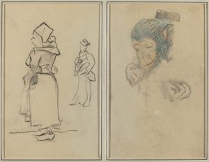 Une femme bretonne et un homme debout ; Tête et main d