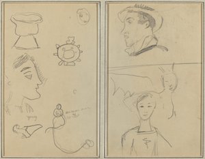 Une caricature et cinq formes ; Un homme de profil, une créature ailée et un garçon [verso]