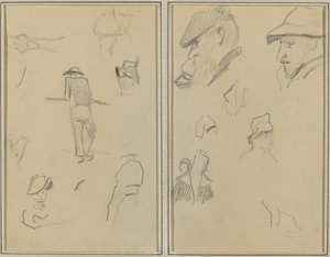 Un homme appuyé contre un mur avec cinq autres études; Deux hommes barbus portant des chapeaux, et cinq autres études [recto]