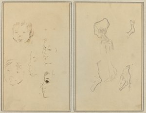 Cinq études de têtes ; Un garçon de profil avec des études de mains et de pieds (verso)