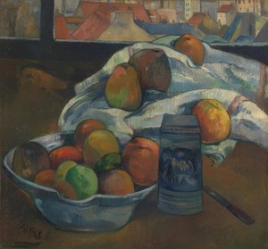 Bol de fruits et cruche devant une fenêtre. Vers 1890