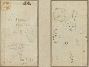 Figure assise et une vache; Trois études de la tête d