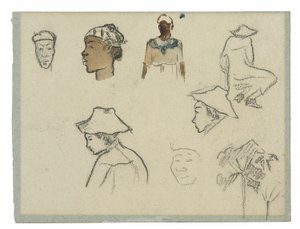 Esquisses de figures et de feuillage (recto); Profil de Charles Laval avec palmier et autres esquisses (verso)