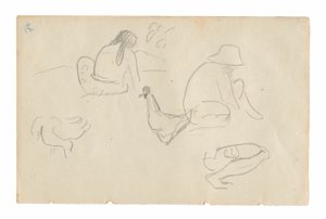 Esquisses de figures assises et de poulets (recto), torse féminin nu (lié à la peinture Te a no areois [La graine des Areoi]) (verso), du Carnet de Tahiti (carnet de croquis tahitien) - Paul Gauguin