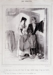 Deux femmes pauvres en conversation sur les escaliers à propos des hommes, « Les Lorettes » - Paul Gavarni
