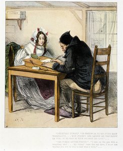 Écrivain public écrivant une lettre pour une jeune femme : gravure de Gavarni