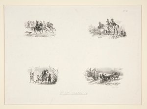 Quatre sujets: Une cavalcade; Quatre enfants; Une paysanne portant un petit enfant; Voyageurs