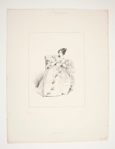 Robe de bal. Coiffure Jouenne, fleurs de Nattier. - Paul Gavarni