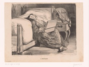 Femme en robe de chambre avec une serinette (La musique)