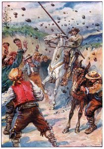 Ils ont bombardé Don Quichotte avec une pluie de pierres, illustration de 