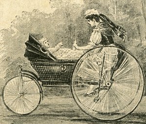 Kinder-Waerterin (nourrice), illustration de Paul Heydel, une poussette va comme un vélo, du magazine Ueber Land und Meer. Deutsche Illustrirte Zeitung