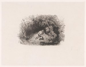 Page de titre avec homme lisant avec un chien dans une forêt (Verschillende voorstellingen door Paul Huet, Six Eaux-Fortes)