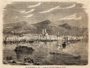 Vue de Montréal, dessin de Paul Huet (1803-1869), pour illustrer les voyages en Amérique du Nord en 1854-1855, par L. Deville. Gravure dans "Le tour du monde" 1861. Collection Selva