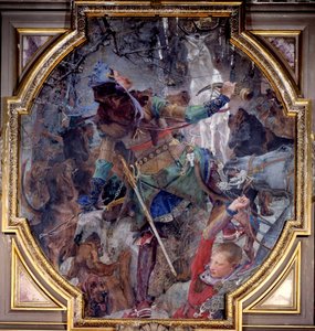 La vision de Saint Hubert, qui en chassant dans une forêt, voit miraculeusement Dieu apparaître sous la forme d