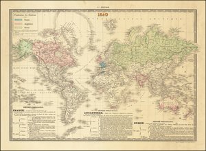 Carte du monde française de 1840 représentant les territoires des empires britannique, français et russe - Paul Kaeppelin