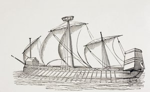 Galère à trois mâts du 16e siècle avec voiles carrées. - Paul Lacroix