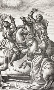 La chevalerie représentée par des figures allégoriques. Chevaliers combattant à cheval. D