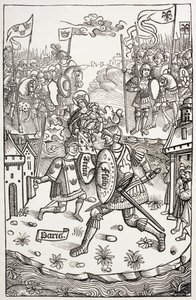 Le roi Artus, ou Arthur, protégé par la Vierge, combattant un géant. D