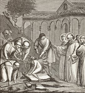 Saint Benoît et le diable. Lorsque Benoît construisait une chapelle, le diable était assis sur une pierre et personne ne pouvait le déplacer jusqu