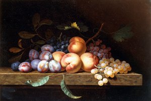 Pêches, prunes et raisins sur un rebord de pierre