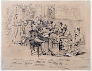 Les membres de la rédaction du magazine "Le chat noir" fondé par Rodolphe Salis pour promouvoir le cabaret homonyme : parmi eux, Caran d