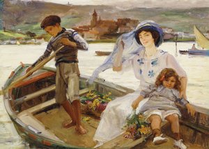 Une mère et un enfant traversant une rivière avec une ville au-delà - Paul Michel Dupuy
