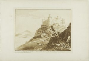 Château de Harlech dans le comté de Merioneth avec Snowdon au loin