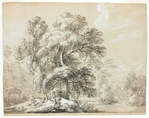 Homme et chien assis sous les arbres près de la rivière