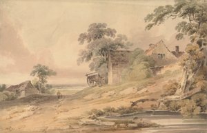 Paysage avec ferme, personnages et étang