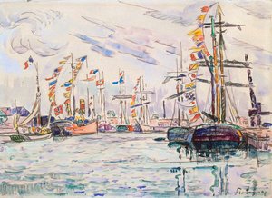 Voiliers avec drapeaux de fête à un quai à Saint-Malo, années 1920 - Paul Signac