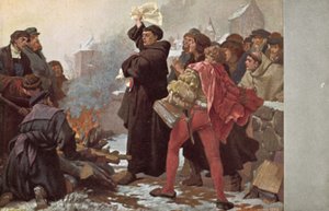 Martin Luther brûlant la bulle papale le menaçant d