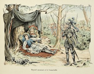 Illustration tirée du livre « Histoire du chevalier Bayard » de Théodore Cahu, illustrée par Paul De Semant (1855-1915) : Bayard mourant et Le Connétable de Bourbon 1524