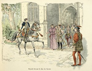 Illustration tirée du livre « Histoire du chevalier Bayard » de Théodore Cahu, illustrée par Paul De Sémant (1855-1915) : Bayard à 11 ans devant le duc de Savoie 1486