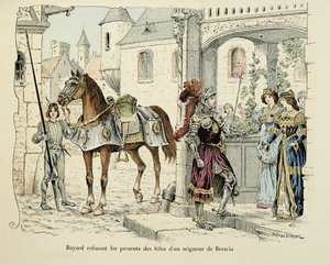 Illustration tirée du livre "Histoire du chevalier Bayard" de Théodore Cahu, illustrée par Paul De Sémant (1855-1915) : Bayard refusant les présents des filles d