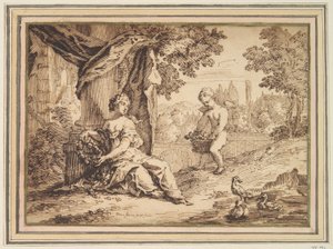 Femmes assises sous un pilier avec putto - Paul van Somer