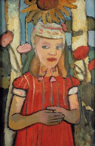 Fille en robe rouge devant un tournesol, 1907