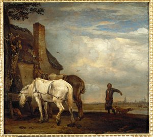Deux chevaux de trait devant une ferme ... - Paulus (attr.to) Potter