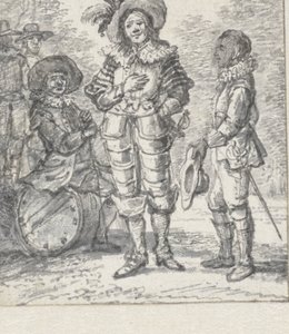 Projet pour illustration de troupe de théâtre : deux figures debout et une figure assise - Paulus Constantijn la Fargue